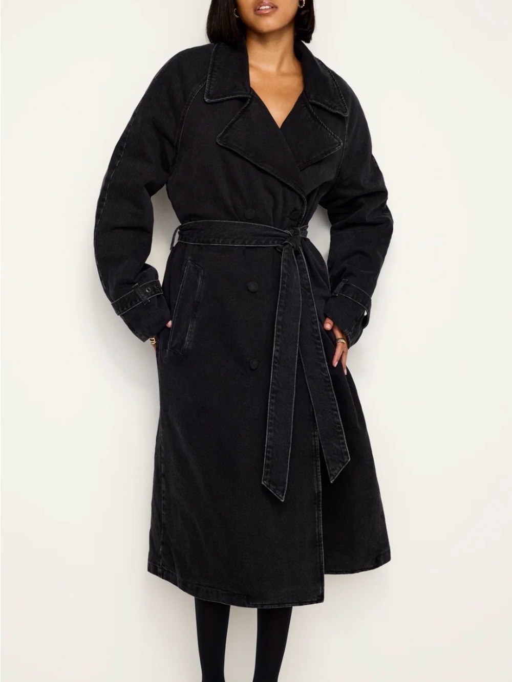 Good American Black Belted Midi Trench Coat